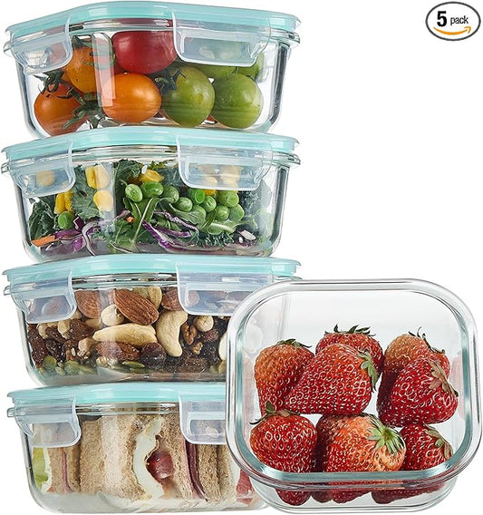 Vtopmart 5Pack 17.5oz Glass Storage Containers with Lids, Glass Meal Prep Food Container Sets with Snap Airtight Lid for Microwave, Oven, Freezer and Dishwasher, Green