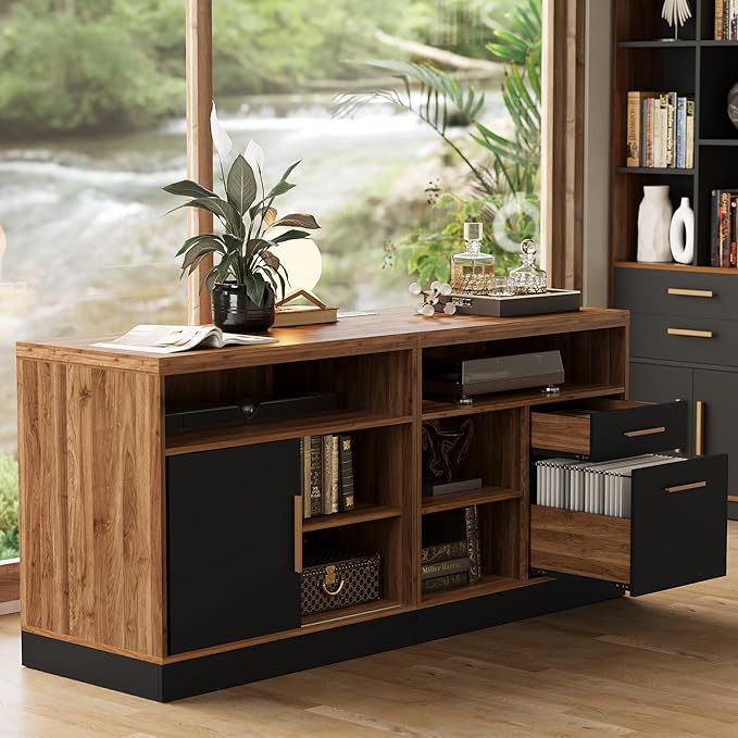 63" Wood Lateral File Cabinet with Lock, Filing Cabinet for Home Office with Adjustable Storage Shelves, Wide Office Credenza, Fits Letter/A4 Size, Black Walnut