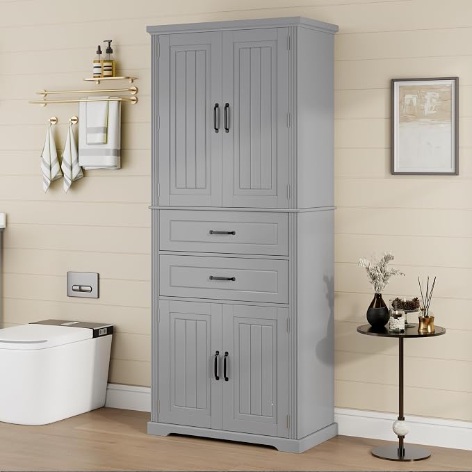 Storage Cabinet,Tall Freestanding Cabinet with Adjustable Shelf | Tall storage cabinet, 4-door design, 5+ shelves, upper door shelves, and 2 pull-out compartments for organized storage