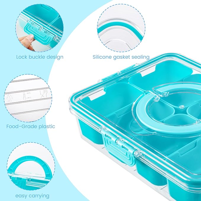 Divided Serving Tray with Lid and Handle - Snackle Box Charcuterie Container for Portable Snack Platters Organizer for Candy, Fruits, Nuts, Snacks - Perfect for Party, Entertaining, Red