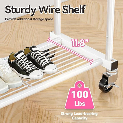 SUFAUY Double Rod 80" Tall Rolling Clothing Garment Rack for Hanging Dresses Clothes, with Caseter Wheels & Adjustable Rod & Shelves, White