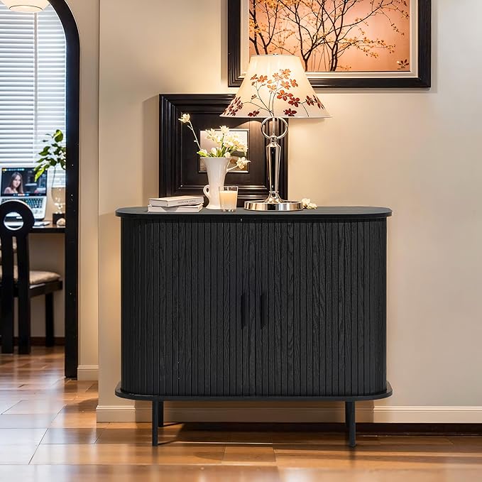 LuxenHome Sideboard Buffet Cabinet with Storage, 35" Black Mid Century Modern Accent Cabinet, Sliding Door Entryway Small Storage Cabinets for Kitchen, Living Room, Entryway