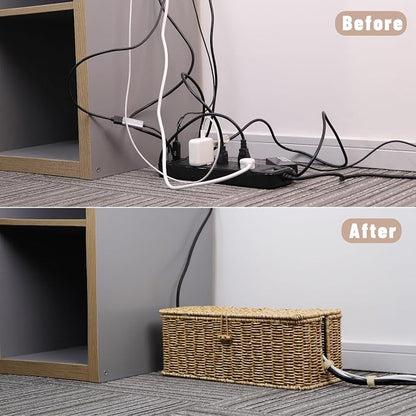 BROWNLILY Cable Management Box, Rattan Style Cord Organizer for Desk Cord Hider Outlet Covers for Power Strip TV PC Router Charger Under Desk Storage with Lockable Lid and Cable Ties