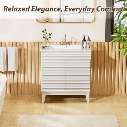 APRILSOUL 30" Bathroom Vanity with Ceramic Sink, Mid-Century Bathroom Vanity Cabinet with 2 Soft Closing Doors, Freestanding Bathroom Cabinet, Particleboard Frame with Wood Grain Laminate, White