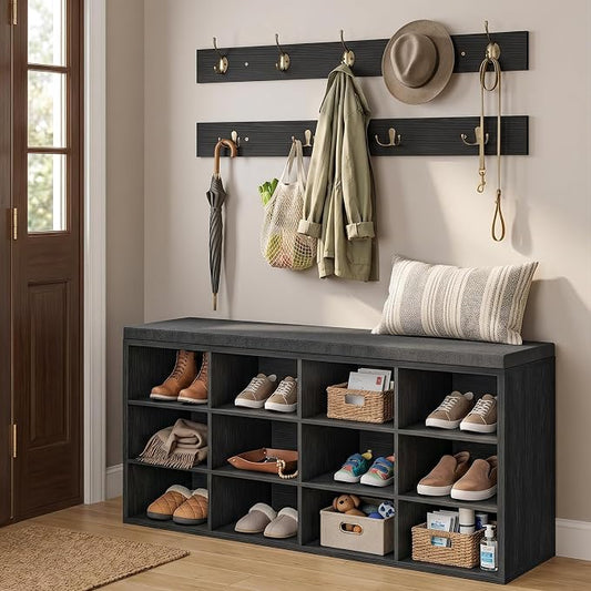 HOOBRO Shoe Storage Bench with Cushion, 39.4" L Entryway Bench with 12 Cubbies, Entryway Hall Tree with Storage, Cubby Shoe Rack Bench with Coat Rack for Hallway, Holds up to 330 lb, Black BB112HX01