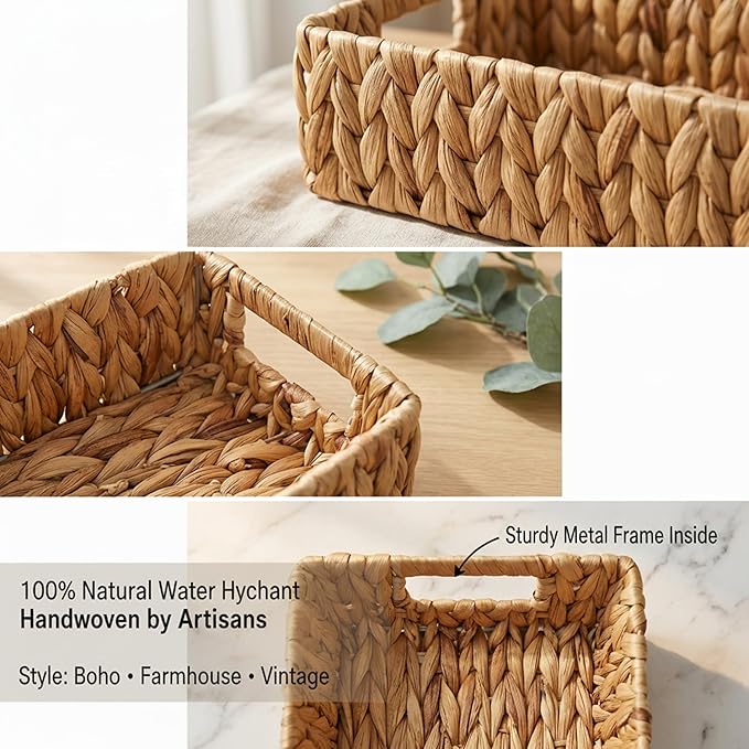 Wicker Toilet Tank Basket, Natural Rectangle Water Hyacinth Storage Baskets, Handwoven Rattan Paper Baskets Organizer with Handles for Bathroom, Kitchen, Living Room Decor, 2-Pack