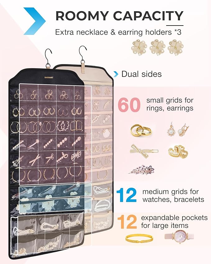 BAGSMART Hanging Jewelry Organizer, 68 Pocket Earring Holder for Wall, Extra Large Jewelry Storage, Black, 1 Piece