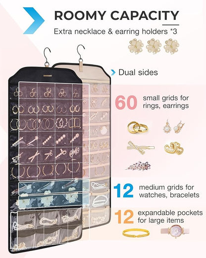BAGSMART Hanging Jewelry Organizer, 68 Pocket Earring Holder for Wall, Extra Large Jewelry Storage, Black, 1 Piece