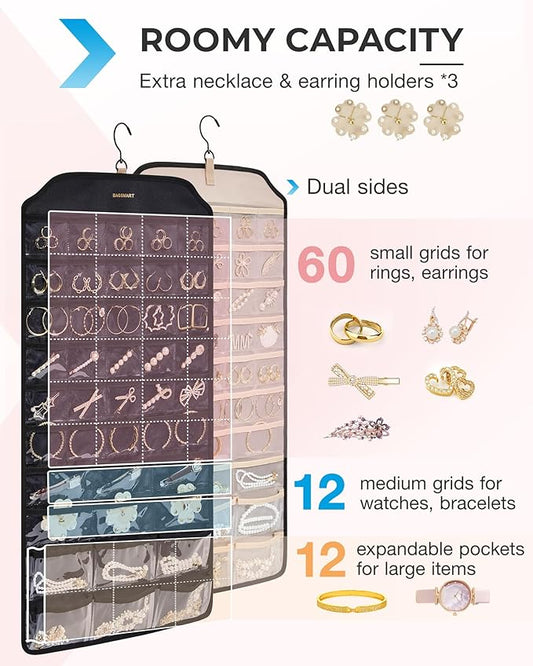 BAGSMART Hanging Jewelry Organizer, 68 Pocket Earring Holder for Wall, Extra Large Jewelry Storage, Black, 1 Piece