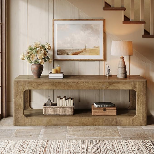 Tribesigns 63-Inch Farmhouse Entryway Table with Storage Shelf, 2-Tier Sofa Console Table with Circle Design for Living Room, Hallway, Foyer, Brown