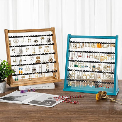Poyilooo Earring Organizer Stand, Rustic Wood Earring Holder Rack, 5 Layer Jewelry Holder Organizer with 270 Earring Tree Holes Display for Stud Earings & Hoop Earrings, Gifts for Women (Teal)