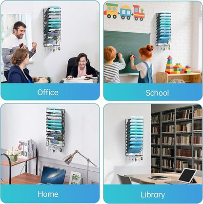 11 Tier Wall File Organizer - Hanging File Organizer with 5 Hooks, Mail Holder Wall Mounted for Papers, Folders, Magazines, Bills, Office&School Organization, Black