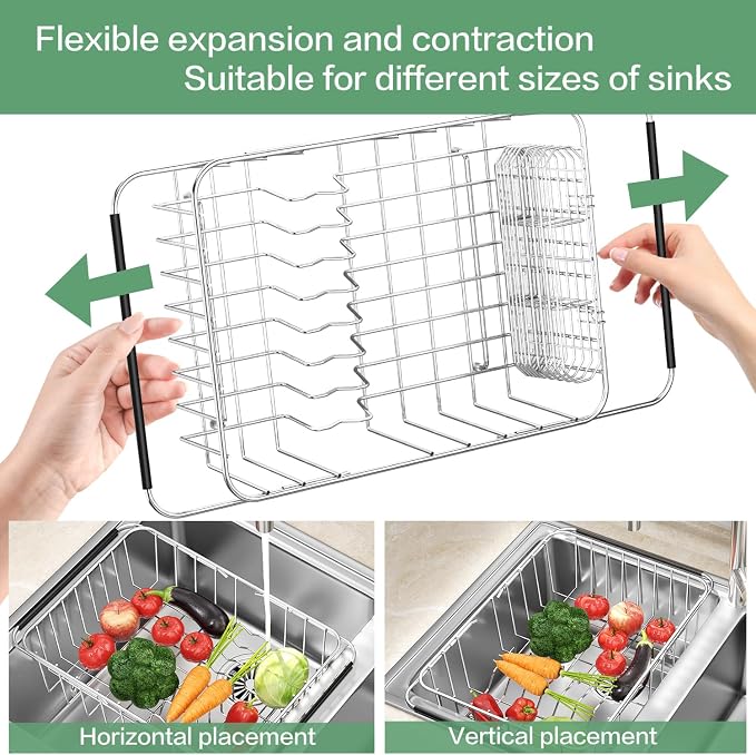 Fanbsy Large Dish Drainer Rack in Sink Adjustable, Expandable 304 Stainless Steel Metal Dish Drying Rack Organizer with Stainless Steel Utensil Holder Over Inside Sink Counter, Rustproof