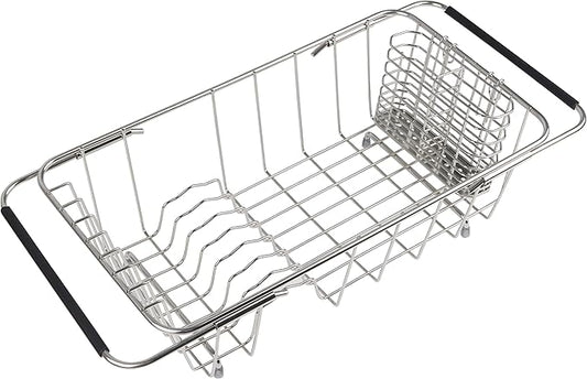 Sink Dish Drainer Rack, Expandable 304 Stainless Steel Dish Drying Rack Organizer with Stainless Steel Utensil Rack, Adjustable 14.96" to 20.59" Inside The Sink (up to 7 Upright Utensils).