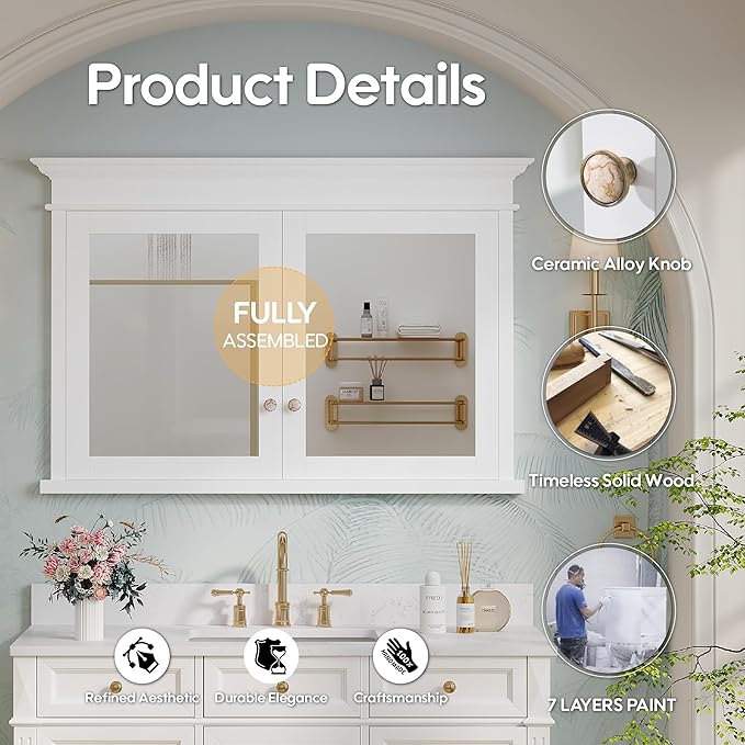 WELLFOR 48"x 32" Bathroom Medicine Cabinet with 3-Tier Adjustable Shelves, Recessed Solid Wood Medicine Cabinet with Mirrors, Wood Miiror Cabinet with 2 Soft-Close Door and Open/Built-in 6 Shelves