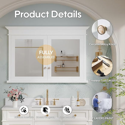 WELLFOR 48"x 32" Bathroom Medicine Cabinet with 3-Tier Adjustable Shelves, Recessed Solid Wood Medicine Cabinet with Mirrors, Wood Miiror Cabinet with 2 Soft-Close Door and Open/Built-in 6 Shelves