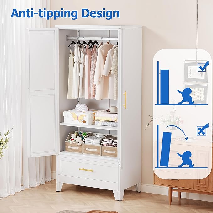 Steel Armoire Wardrobe Closet with Mirror Doors, 71" Household Wardrobe Cabinet with Hanging Rod and Drawer, Metal Clothing Storage Cabinet with Adjustable Shelf for Bedroom, Cloak, Gym(White)