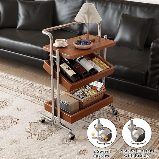 Solid Wood Rolling End Table Cart with Adjustable Storage - 3-Tier Stainless Steel Fame Side Table on Wheels Narrow Bedside Storage Table Small Bar Serving Cart for Living Room