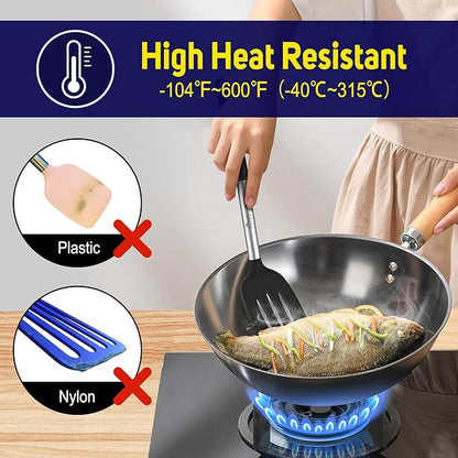 HOTEC Silicone Spatula Set of 2 Heat-Resistant 600°F & BPA-Free Kitchen SaptulaTurner with Stainless Steel Handles, Slotted & Solid Spatulas for Nonstick Cookware, 13.7 Inch, Black