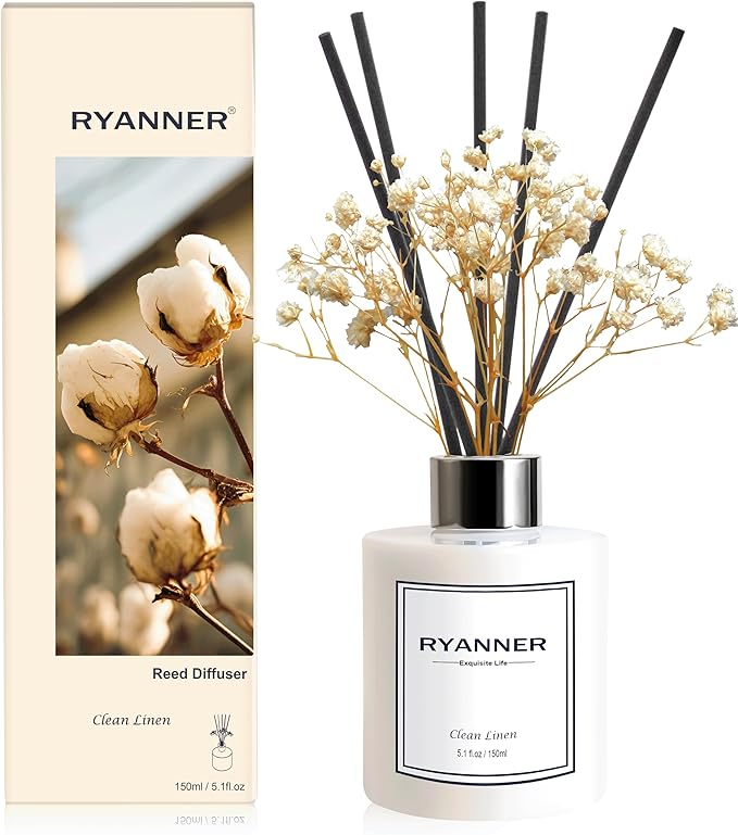 RYANNER Reed Diffuser Set,5.1 fl oz Clean Linen Scent Diffuser with Sticks Home Fragrance Reed Diffuser with Essential Oil for Bathroom Shelf Decor&Air Freshener,Home Bathroom Office Decor & Gifts
