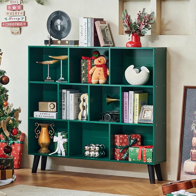 LEYAOYAO 10 Cube Bookshelf,3 Tier Modern Wide Bookcase with Legs,Mid-Century Wood Bookshelves Storage，Dark Green Large Book Case,Freestanding Organizer Display Shelf for Bedroom,Living Room,Office