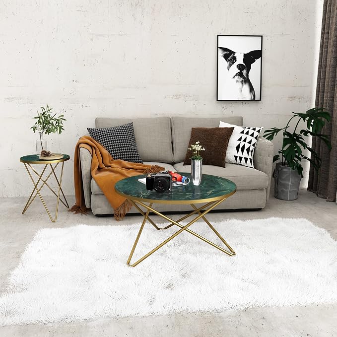 HLR Round Coffee Table with Green Faux Marble Top
