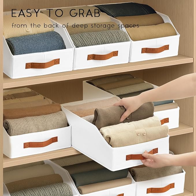 Homsorout Fabric Storage Bins for Organizing - 8 Pack Large Trapezoid Collapsible Storage Bins with Front Handle, Closet Organizers and Storage for Bedroom, Home Shelves, Small Spaces, White