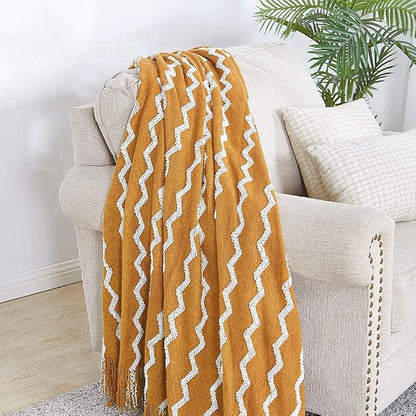 BOURINA Fluffy Chenille Knitted Fringe Throw Blanket Lightweight Soft Cozy for Bed Sofa Chair Throw Blankets, 60" x 80",Mustard