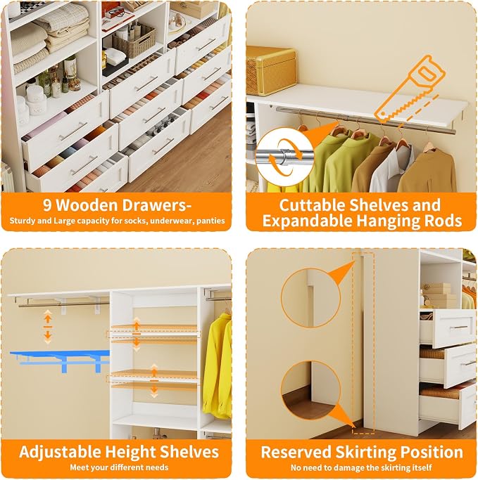 Closet System with 9 Drawers, 11-17FT Closet Organizer System with Cuttable Shelves for Walk in Closet with 9 Expandable Hanging Rods, Heavy Duty Built-in Closet for Bedroom, White(3 Sets)
