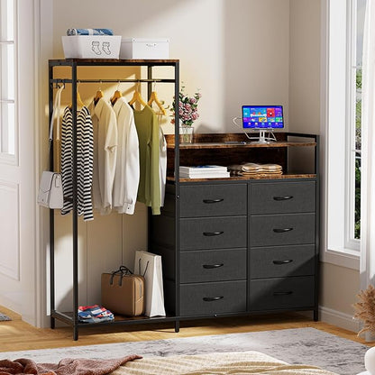 58" H Dresser for Bedroom with Hanging Rack,8 Drawers Freestanding Clothing Rack, Large Capacity Storage Organizer with USB Charging Station & LED Lights for Bedroom Dorm Room Apartment,Grey