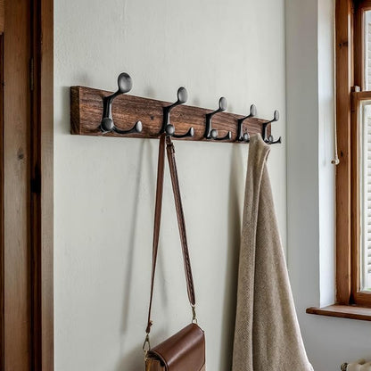 SKOLOO 30-Inch Wood Burnt Coat Rack Wall Mount with 5 Triple Hooks - Ideal for Family Entrances, Classrooms, and Pet Supplies Storage - Perfect Coat Hooks for Wall, Pack of 2