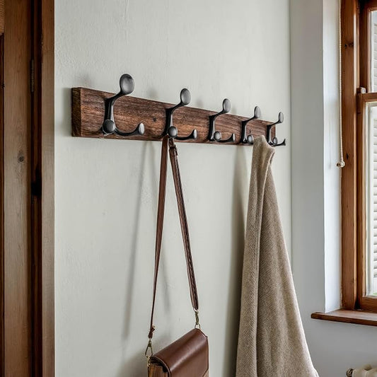 SKOLOO 30-Inch Wood Burnt Coat Rack Wall Mount with 5 Triple Hooks - Ideal for Family Entrances, Classrooms, and Pet Supplies Storage - Perfect Coat Hooks for Wall, Pack of 2