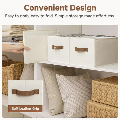 StorageWorks Storage Baskets for Shelves, Foldable Fabric Closet Storage Bins with PU Handles, Fabric Storage Bins Clothes Organizer, Ivory White, 3-Pack, Large