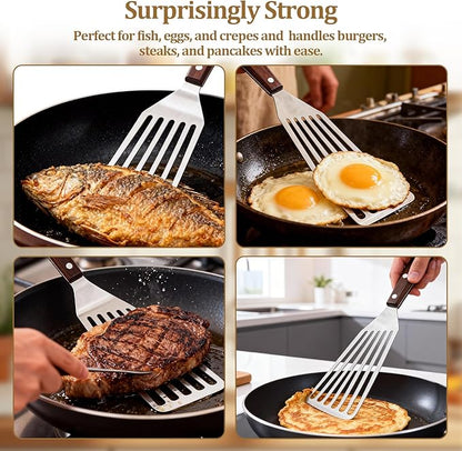 Fish Spatula Wide Slot, Premium Stainless Steel with Wood Handle for Flipping Fish, Eggs, Pancakes & Burgers (Large)