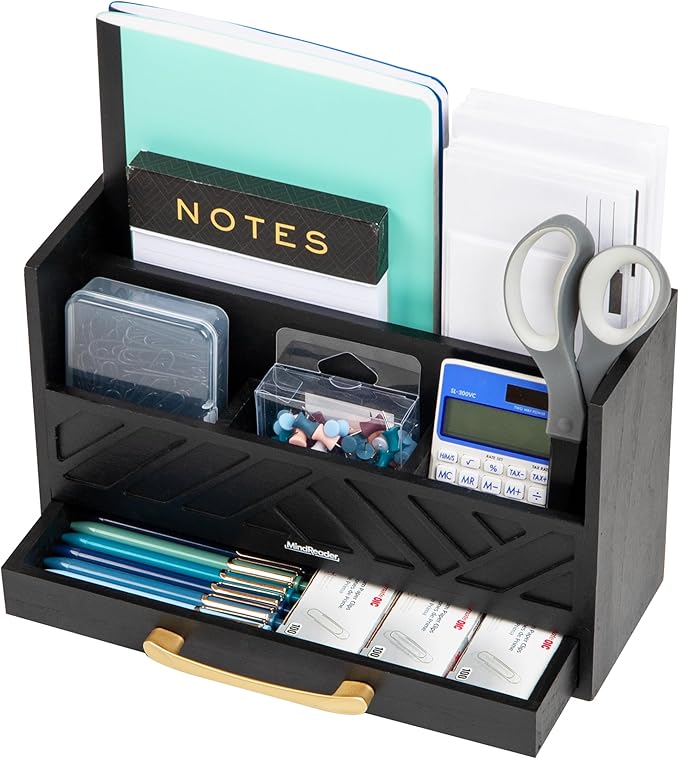 Mind Reader 5-Compartment Desktop Organizer, Rustic Wooden Storage Rack with Drawer for Papers, Accessories, and Office Supplies, 12.5" L x 4.25" W x 7.5" H, Black