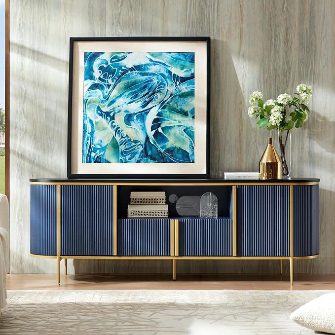 OKD 70" Fluted TV Stand with Storage, Faux Marble Top Entertainment Center for TVs Up to 80", Modern Curved Edge Media Console Cabinet for Living Room, Navy Blue