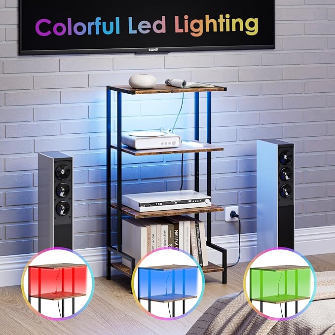 Arbuxzuy 4-Tier AV Media Stand with Power Outlet and LED Lights,Wooden Stereo Stand Cabinet,Game Console Shelf for Small Space,Audio Rack Stand Tower Ideal for Video DVD Players,Xbox