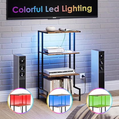 Arbuxzuy 4-Tier AV Media Stand with Power Outlet and LED Lights,Wooden Stereo Stand Cabinet,Game Console Shelf for Small Space,Audio Rack Stand Tower Ideal for Video DVD Players,Xbox