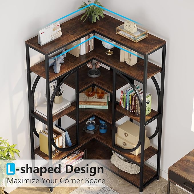Tribesigns 7-Shelf Corner Bookshelf, Large Modern Corner Bookcase, Tall L-Shaped Corner Shelf Stand Display Rack with Storage, Metal Frame for Living Room Home Office (Rustic Brown)