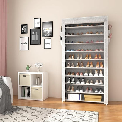 ROJASOP 10 Tier Shoe Rack with Covers Large Capacity Stackable Tall Shoe Shelf Storage for 50-55 Pairs Shoe and Boot, Sturdy Free Standing Shoe Rack Organizer for Closet, Entryway, Bedroom, Printing