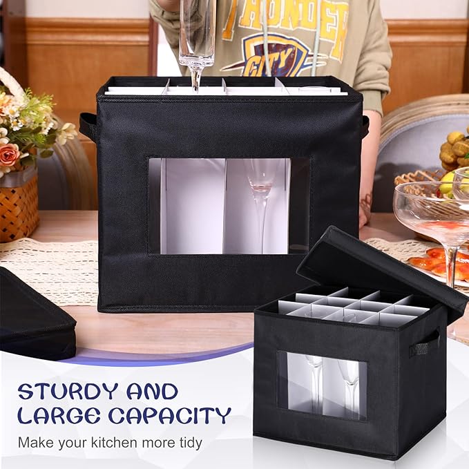 Uiifan 4 Pcs Champagne Flute Storage Box with Dividers 12 Compartment Stemware Storage Cases China Container Box with Lid, Handles, PVC Window for Moving, Black