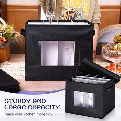 Uiifan 4 Pcs Champagne Flute Storage Box with Dividers 12 Compartment Stemware Storage Cases China Container Box with Lid, Handles, PVC Window for Moving, Black