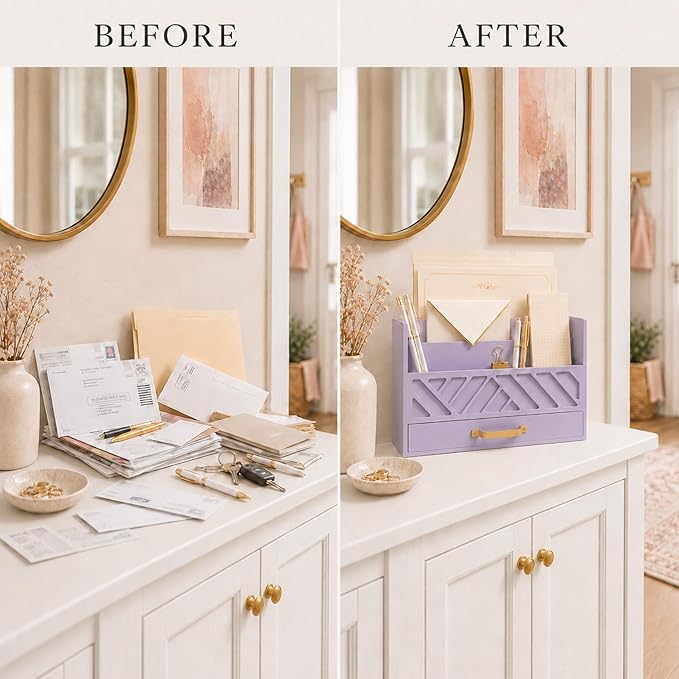 BLU MONACO | Wooden Mail Organizer Countertop with Drawer | Tabletop Organizer with Drawers for Desk | Mail Sorter Organizer Countertop Letter Paper Holder