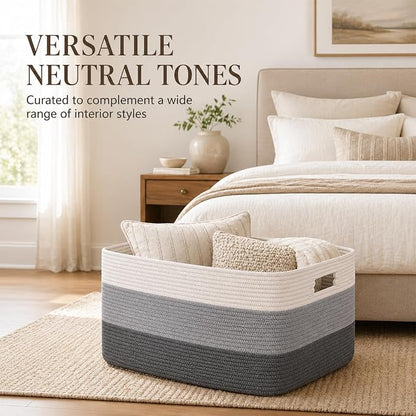 OIAHOMY Large Blanket Basket For Living Room, Rectangle Woven Baskets for Storage, Nursery Toy Storage With Handle-22”x17”x12”-Gradient Dark Grey