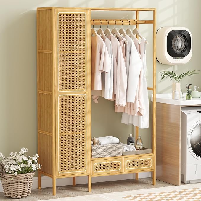 Giantex Bamboo Clothes Rack with Shelves, Freestanding Garment Rack w/Rattan Door, Hanging Rod, Storage Shelf, 2 Drawers, 7-Tier Heavy Duty Wardrobe Closet Organizer w/Cabinet for Entryway Bedroom
