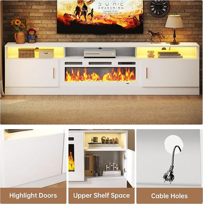 MXV 78" Fireplace TV Stand with Power Outlet for TVs UP to 90", Electric Fireplace Entertainment Center with LED Lights & Storage Cabinets, TV Console for Living Room, Office, White-White
