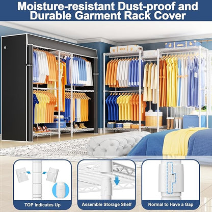 Ulif E12C Heavy Duty Closet Organizer System，Freestanding Clothing Racks for Hanging Clothes，Adjustable Garment Rack 71" W x 16" D x 76.5" H Hold 960 lbs，White Clothing Rack with Black Dustproof Cover