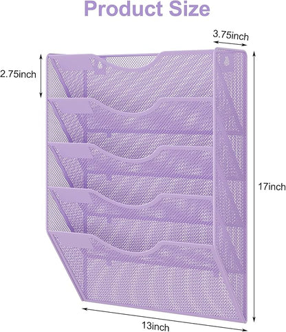 EasyPAG Wall File Organizer 5 Tier Hanging Paper Folder Holder, Zero Assembly Metal Mesh Wall Mounted Mail Organizer for Office Home Classroom Narrow Spaces, Puple
