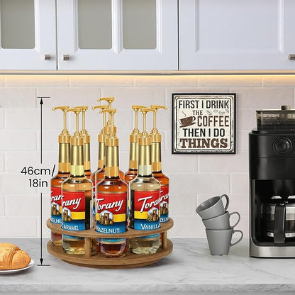 THYGIFTREE Rotating Coffee Syrup Organizer for Countertop, 9-Bottle Wooden Syrup Rack & Bottle Holder for Coffee Bar Station, Turntable Display Stand, Brown
