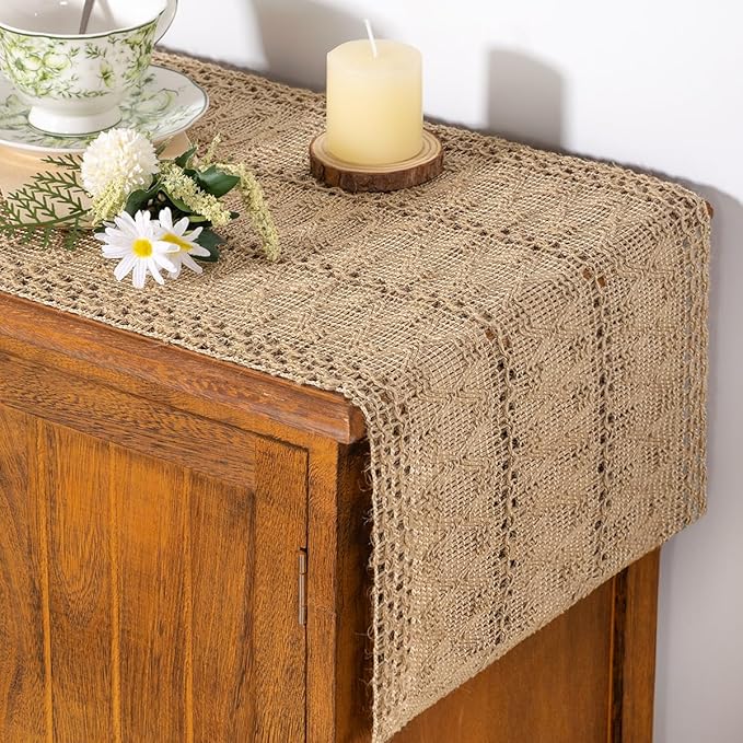 Socomi Boho Table Runner Valentine's Day Farmhouse Burlap Jute Bamboo Rustic Dining Kitchen Centerpiece Decor Small Macrame Woven Coffee Table Runner for Dresser Scarf Home Decor 12x72 inch